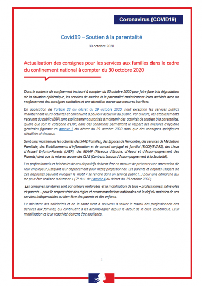 Actualisation des consignes pour les services aux familles dans le cadre du confinement national à compter du 30 octobre 2020