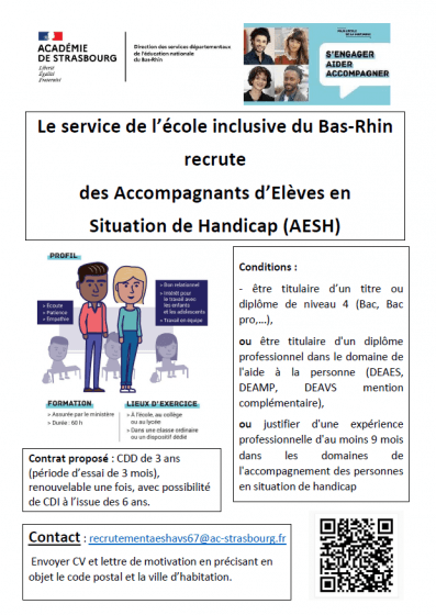 Bas-Rhin : « L’Education Nationale recrute des Accompagnants d’élèves en situation de handicap »