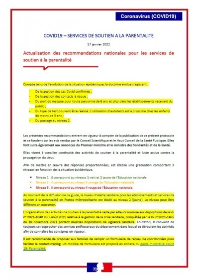 Covid 19 - Actualisation des recommandations nationales pour les services de soutien à la parentalité - 17 janvier 2022
