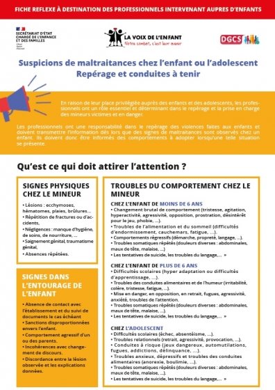 Fiche réflexe : Suspicions de maltraitances chez l’enfant ou l’adolescent. Repérage et conduites à tenir