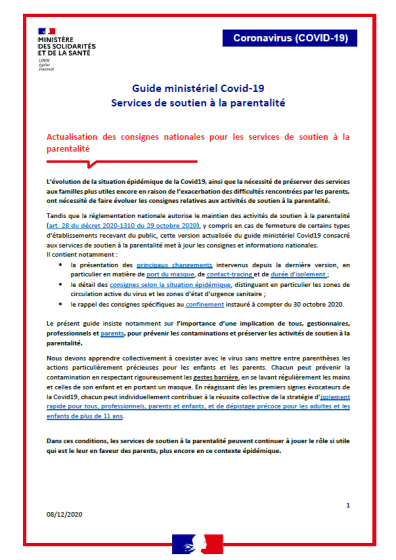 Guide ministériel Covid-19 pour les services de soutien à la parentalité actualisé au 8 décembre 2020