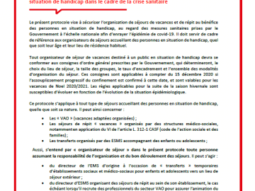 Dernière actualité relative au handicap : Protocole sanitaire des séjours de vacances adaptées